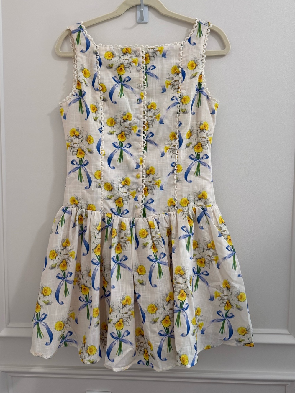 En Saison White Mini Dress with Yellow Floral & Blue Ribbon Print